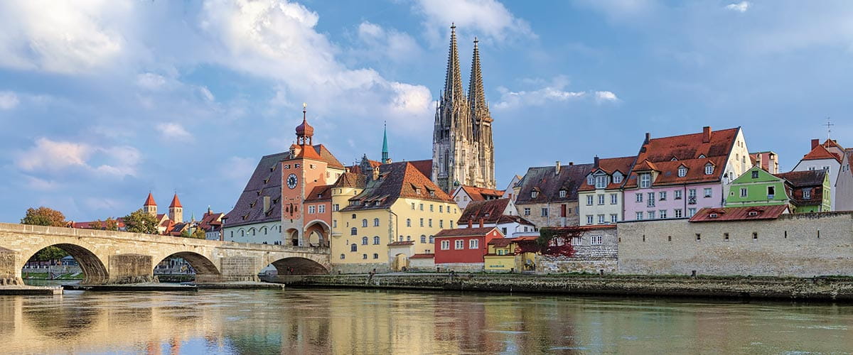 A view across the river to the cathedral in Regensburg, Germany